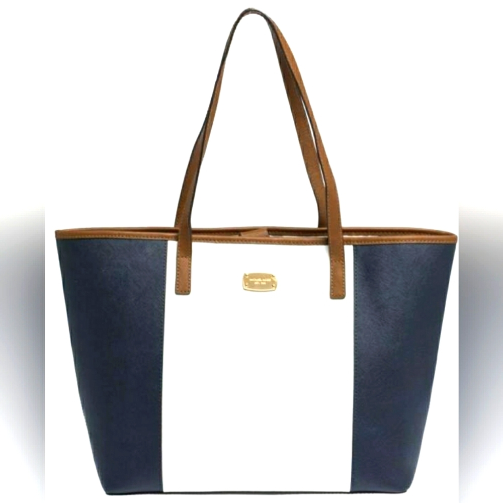 Michael Kors MK Desi Blue White Colorblock Leather Tote Travel bag purse